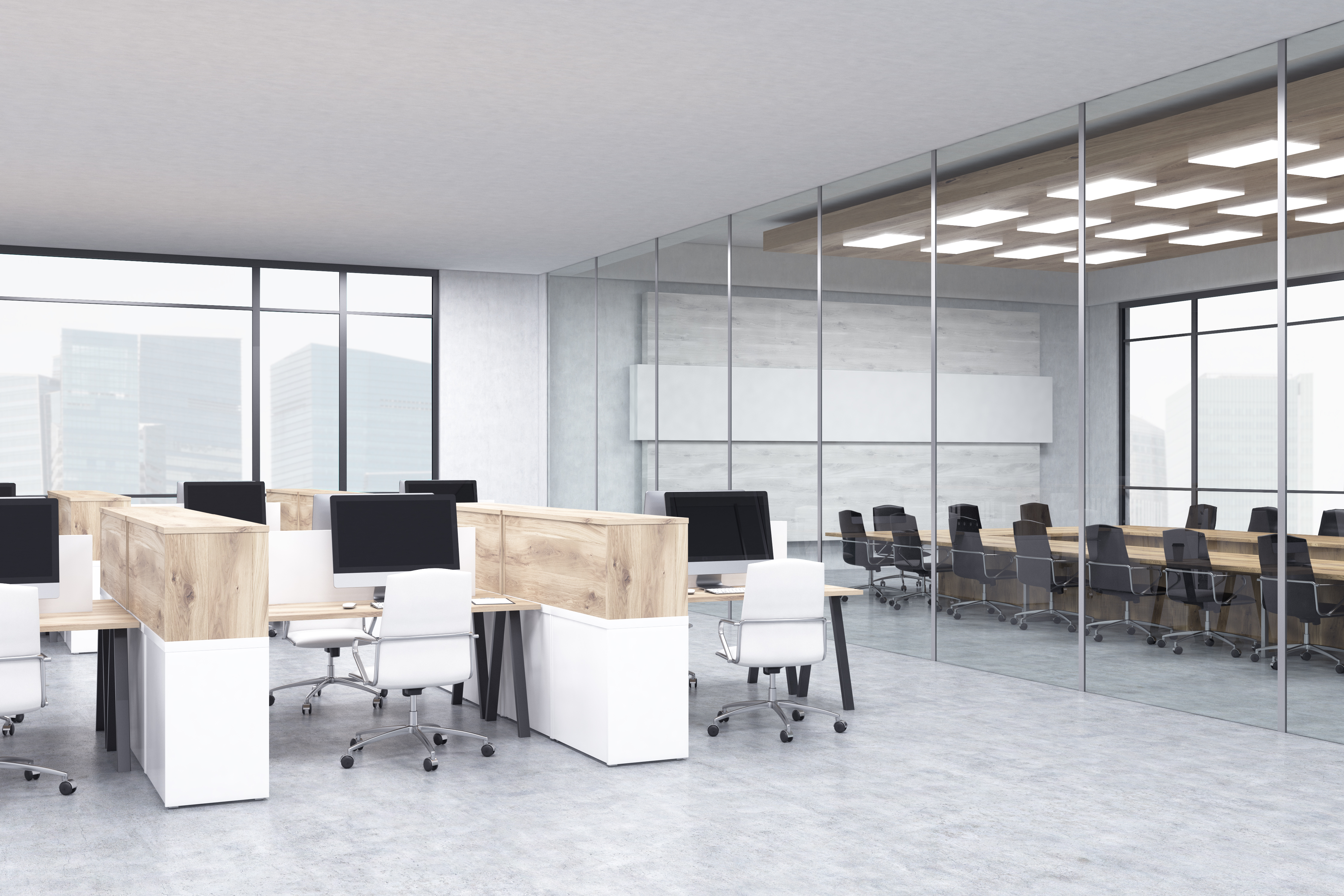Interior of conference room with office cubicles. Concept of office work. 3d rendering. Mock up.