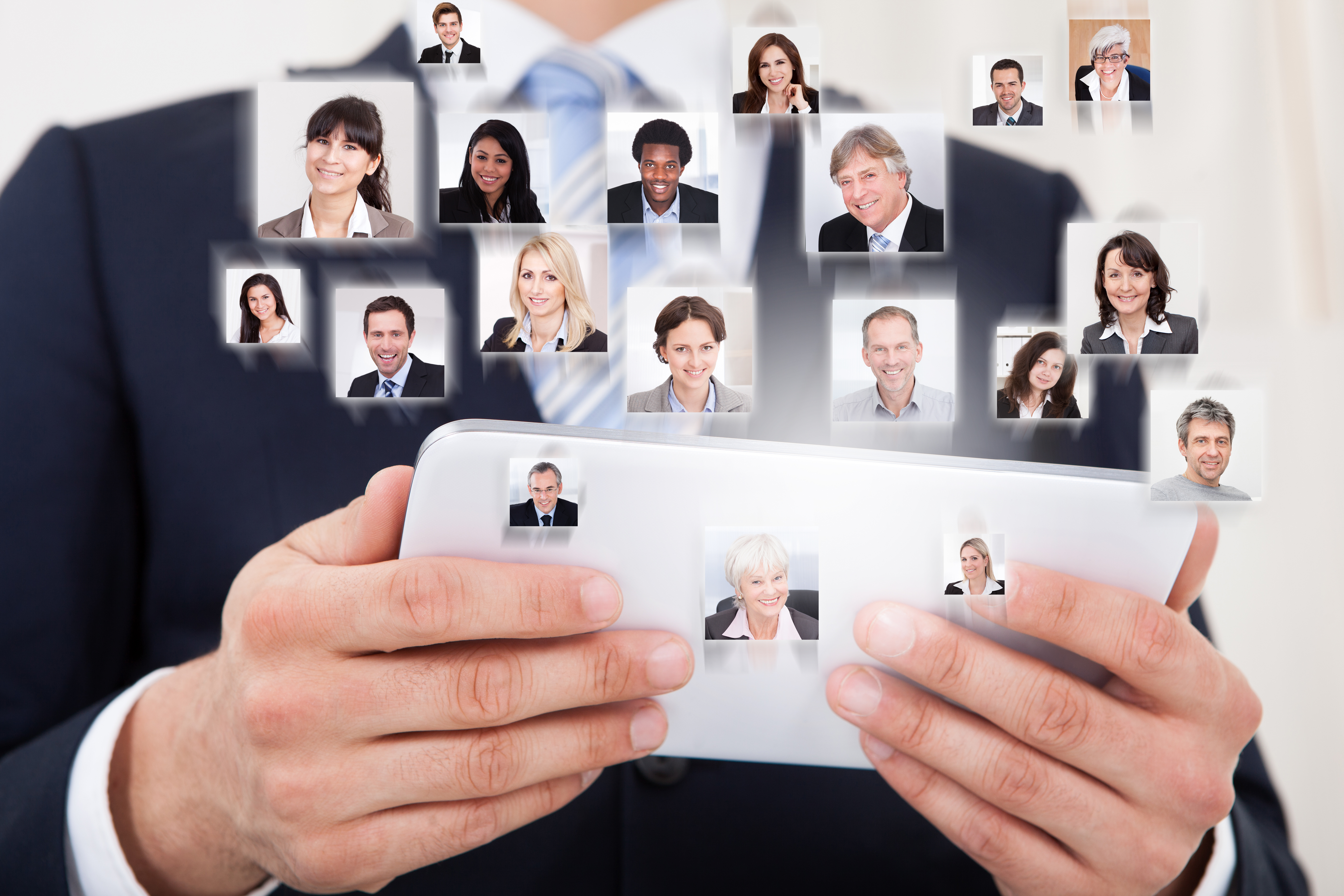 Collage of business people with businessman using digital tablet representing global communication